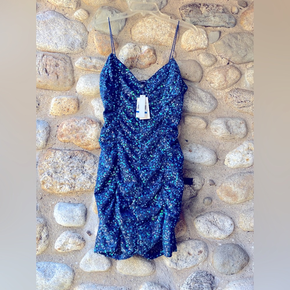 Blue Sequin Ruched Mini Slip Dress